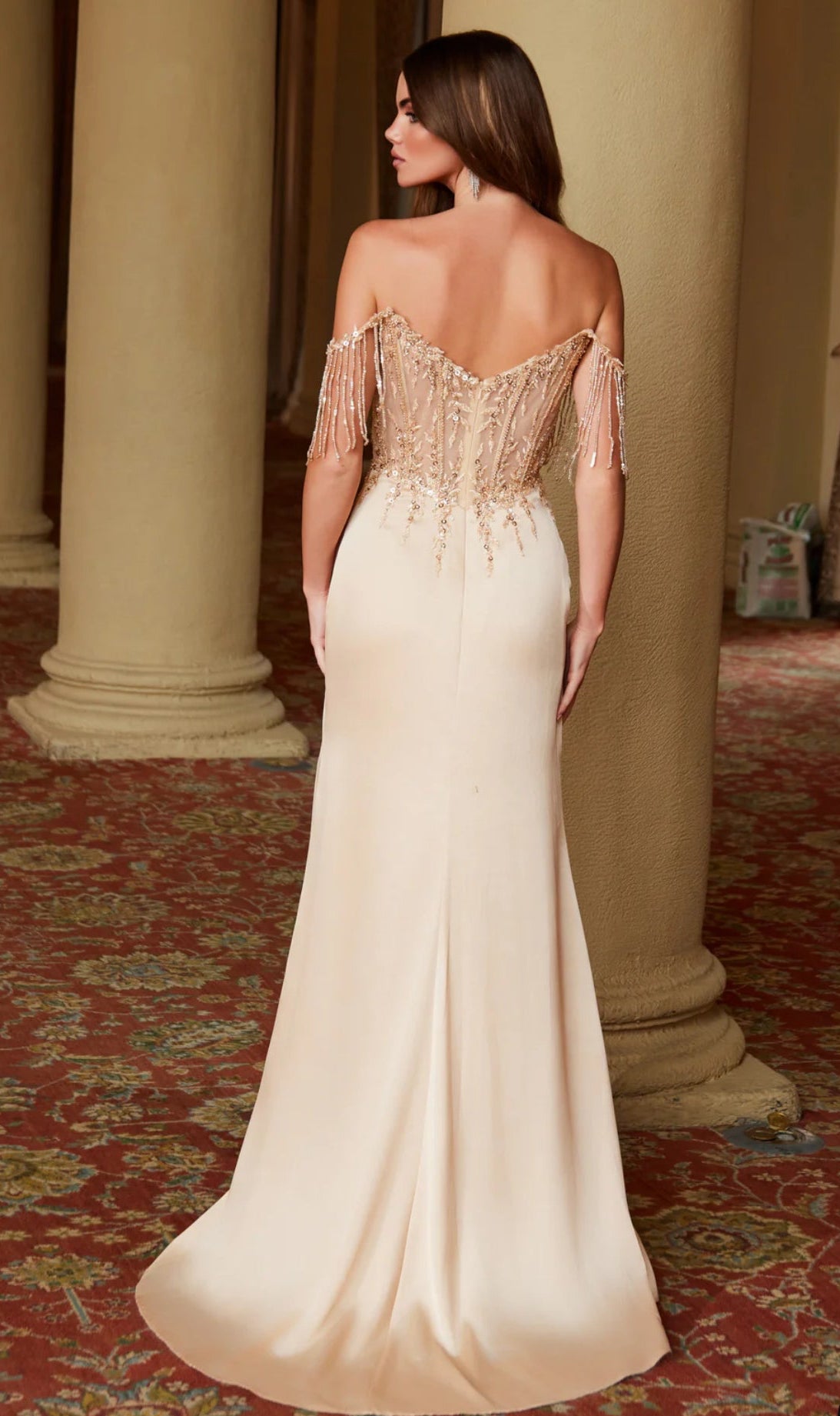 Applique Off Shoulder Slit Gown