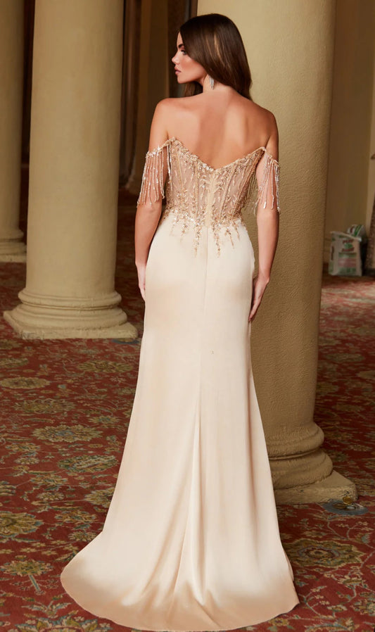 Applique Off Shoulder Slit Gown