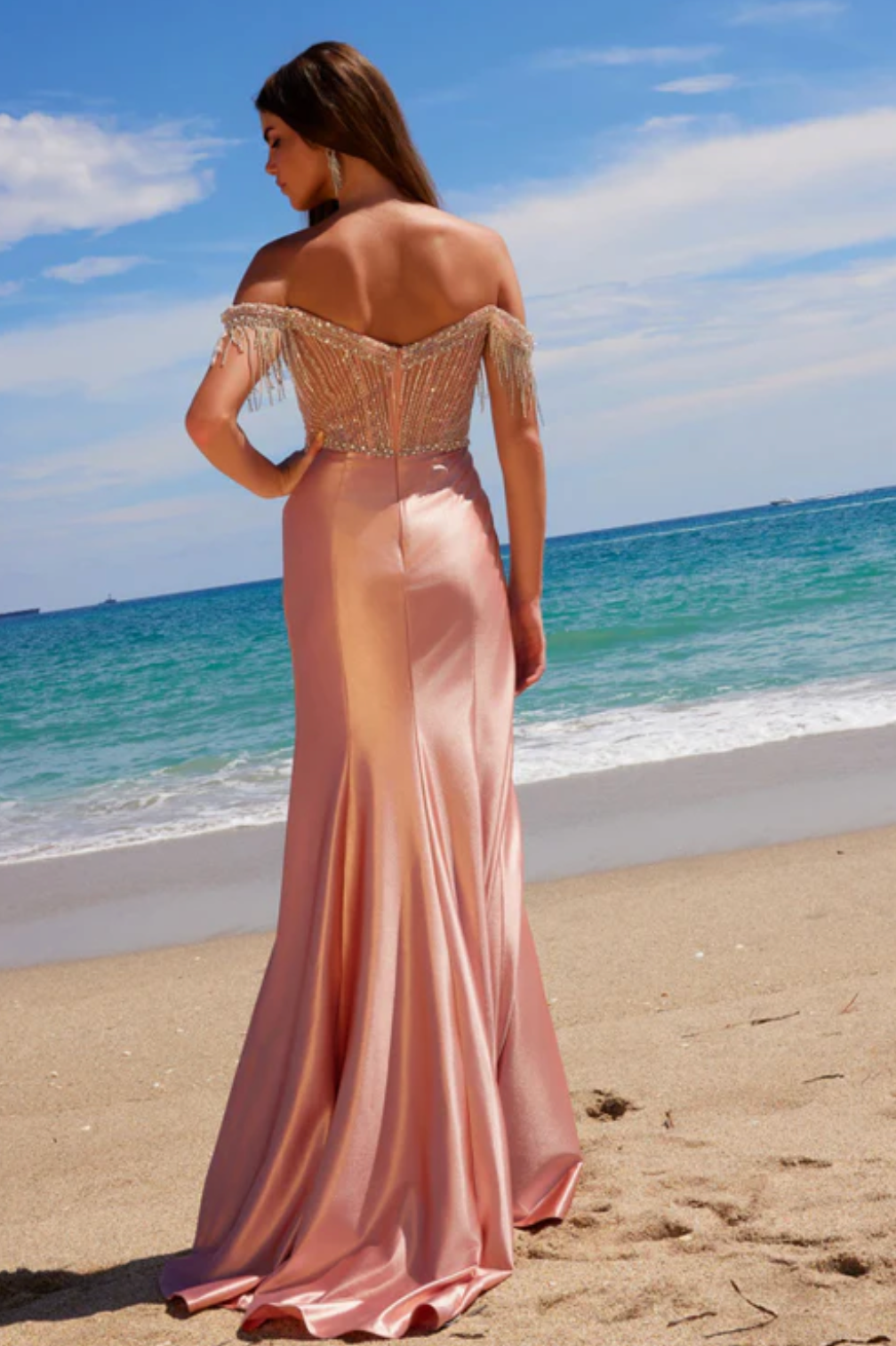 Stretch Satin Beaded Off-shoulder Dress